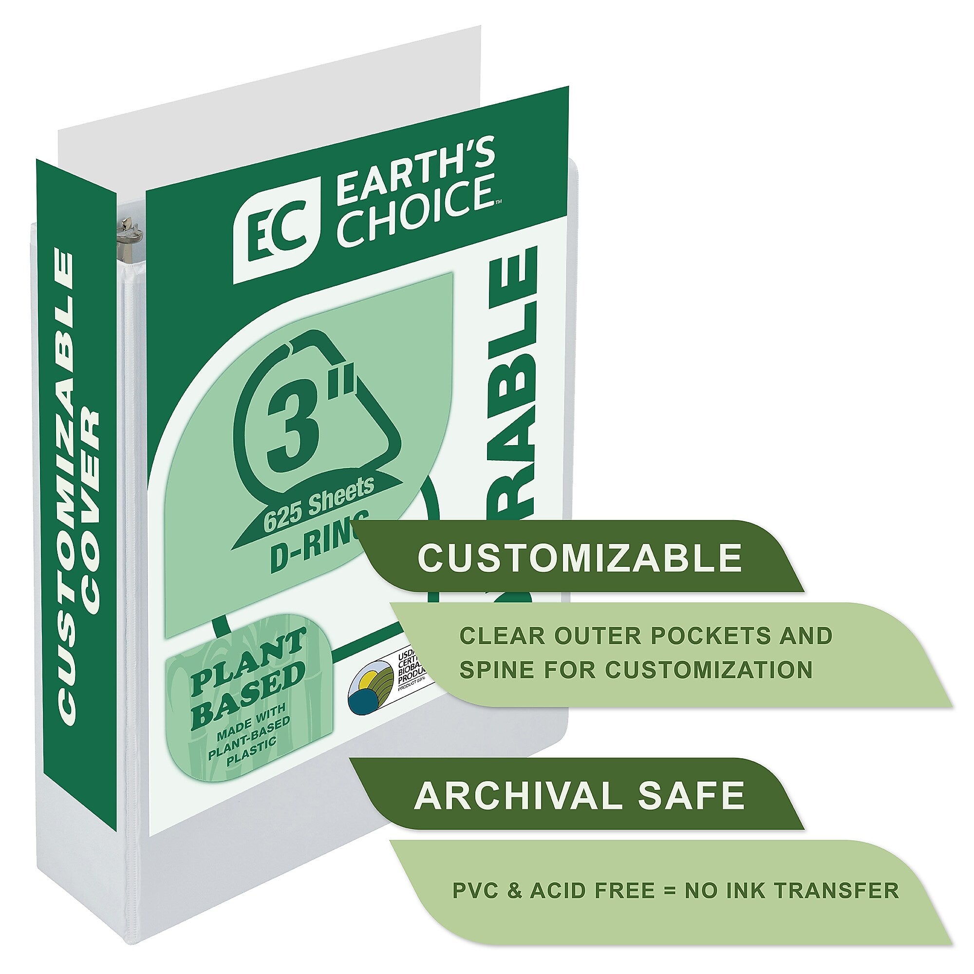 Samsill Earth's Choice Plant-Based Durable 3" View Binders, D-Ring, Made in USA, White (16987)