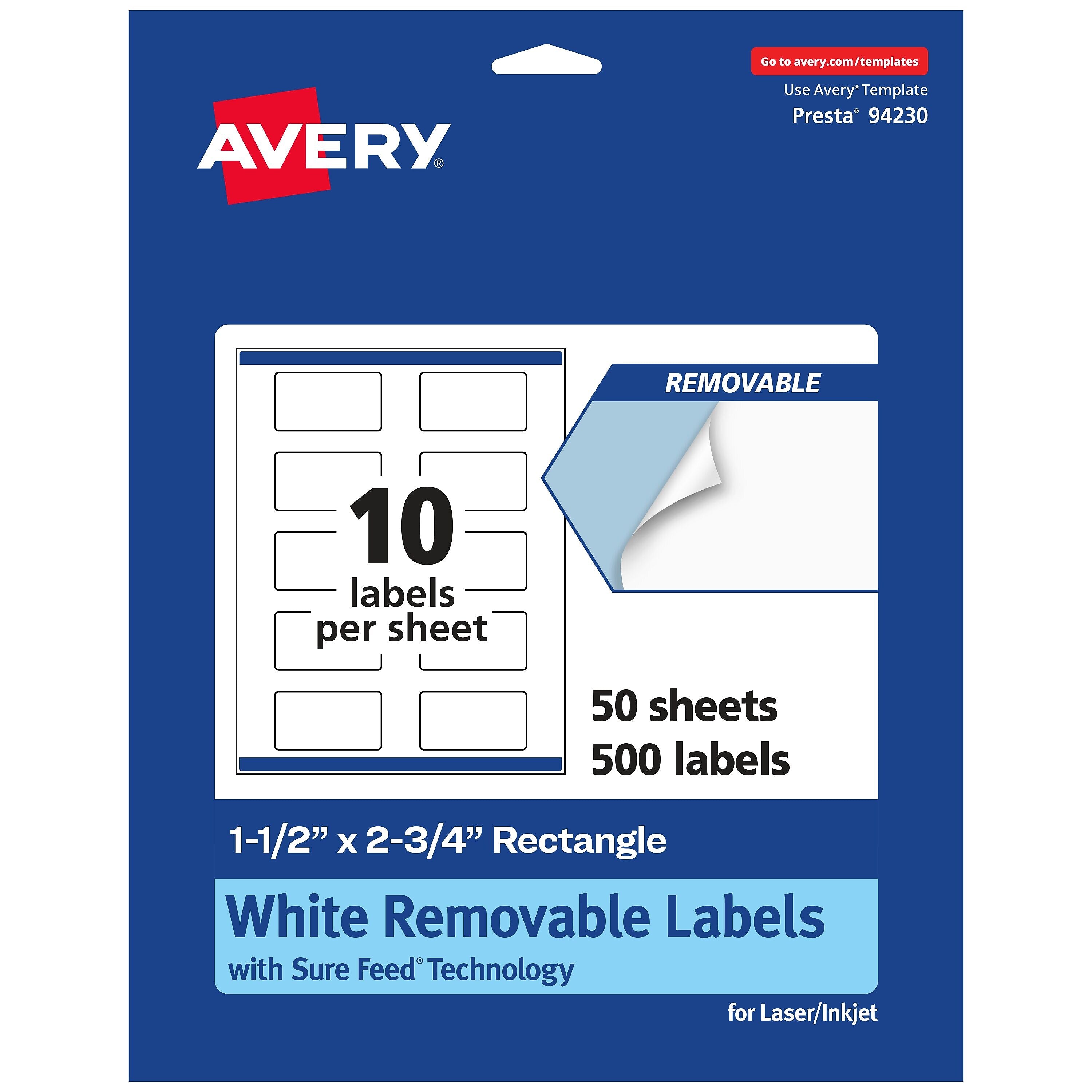 Avery Laser/Inkjet Rectangle Removable Labels, 1.5" x 2.75", White, 500 Labels/Box (94230)