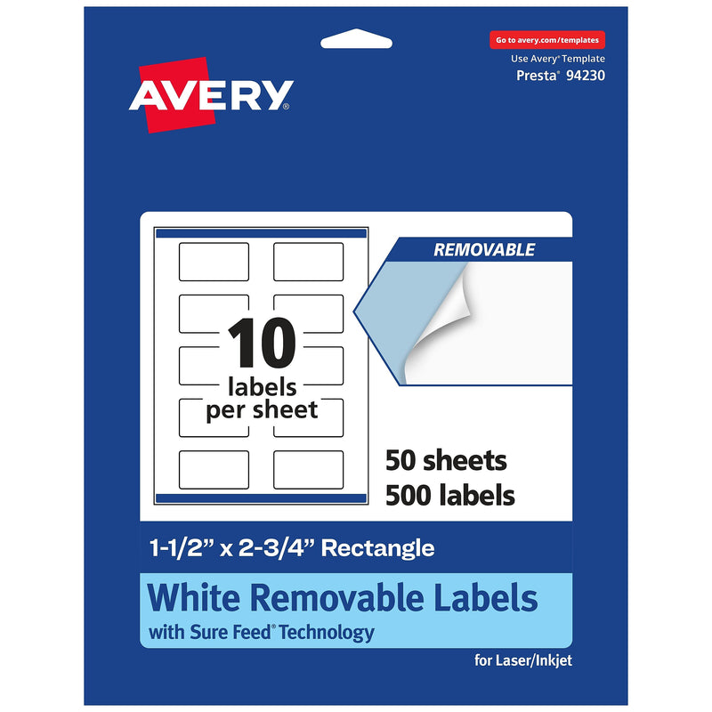 Avery Laser/Inkjet Rectangle Removable Labels, 1.5" x 2.75", White, 500 Labels/Box (94230)