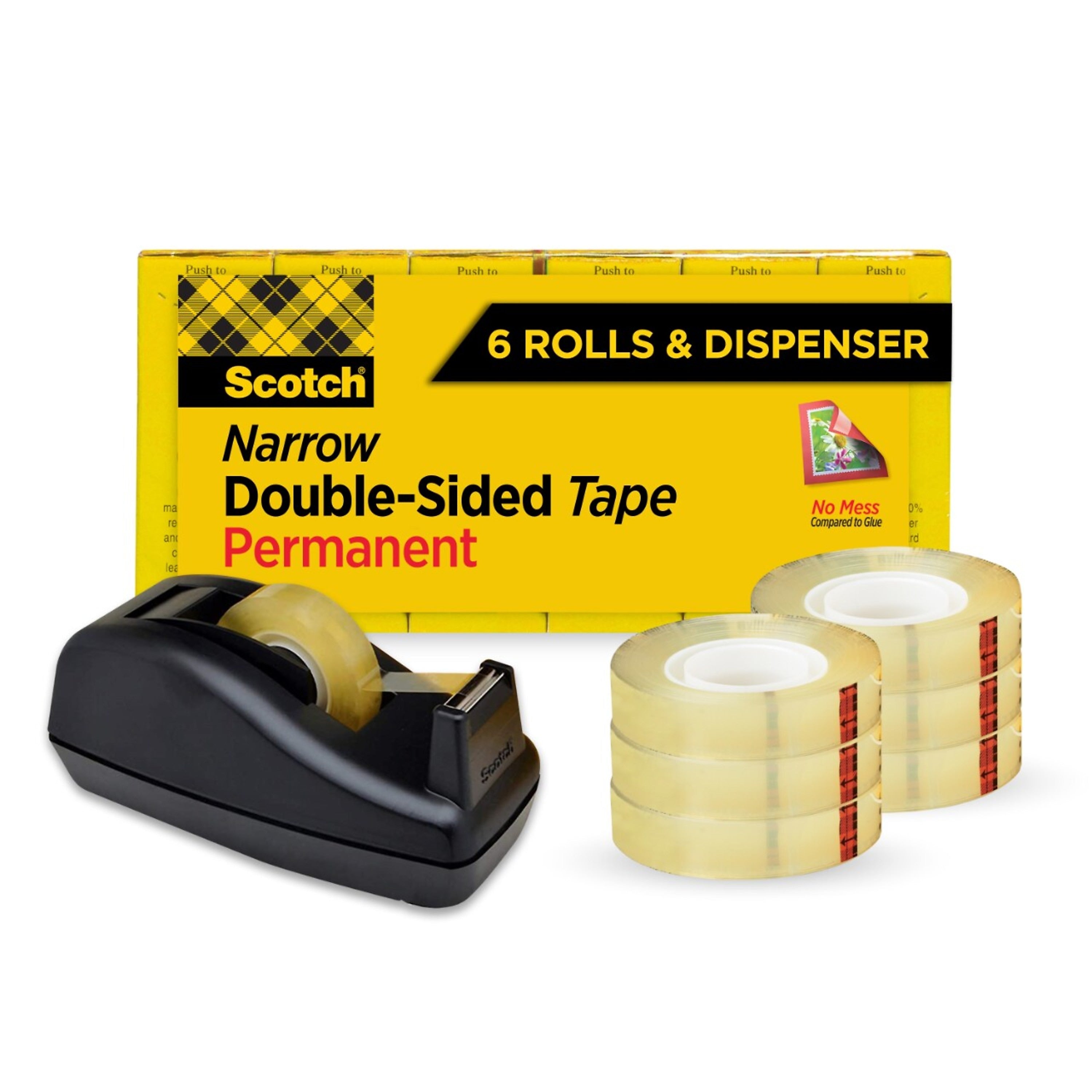 Scotch Permanent Double Sided Tape with Dispenser, 1/2" x 25 yds., Clear, 6/Pack (665-6PKC40)