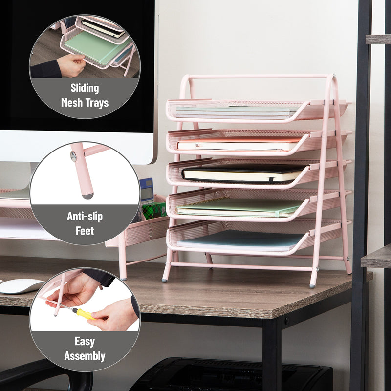 Mind Reader 5-Tier Stackable Paper Desk Tray Organizer, Metal, Pink (5TPAPER-PNK)