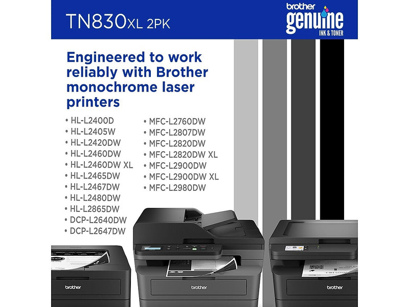 Brother TN830XL Black High Yield Toner Cartridge 2/Pack (TN830XL2PK), print up to 3,000 pages