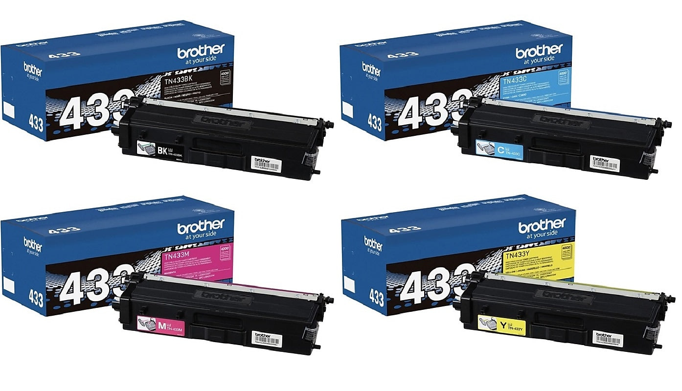 Brother TN433 Black/Cyan/Magenta/Yellow High Yield Toner Cartridges, 4/Pack