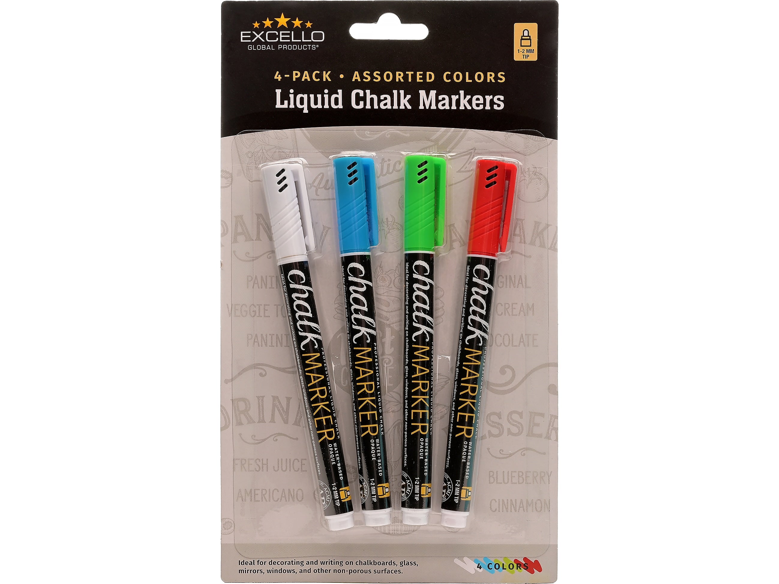 Excello Global Products Washable Chalk Marker, 1-2mm Tip, Assorted Colors, 4/Pack (EGP-HD-0512-S)