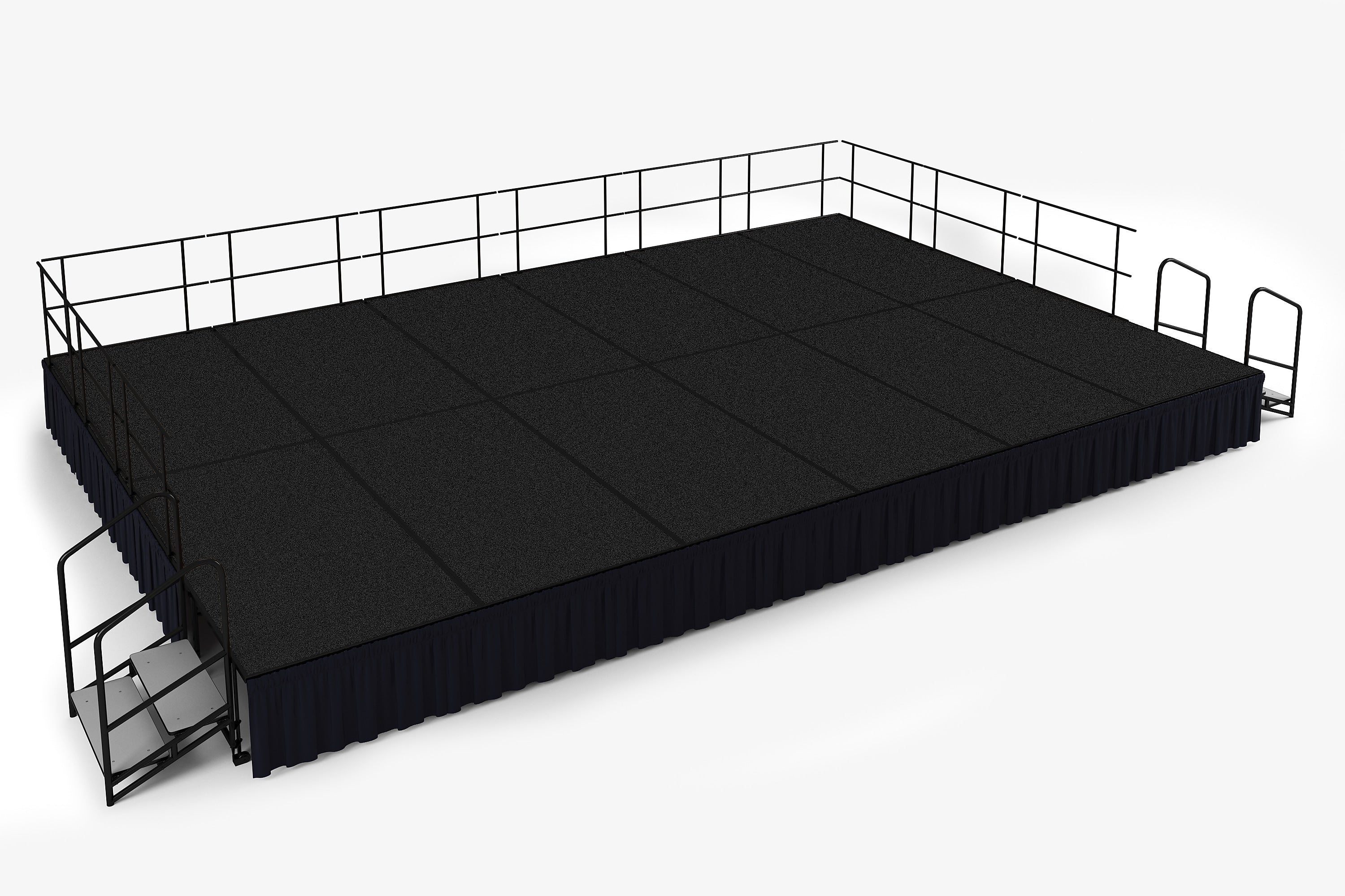 NPS 24" Stage Package, 16' x 24', Shirred Pleat Black Skirting, Black Carpet (SG482412C10SS10)