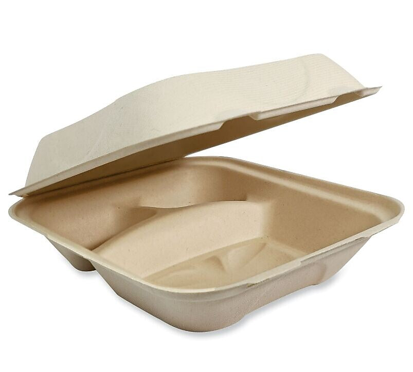 World Centric Fiber Hinged Containers, 2-Compartment, 8.8" x 8.2" x 2.9", Natural, Paper, 300/Carton (WORTOSCU8TLFP)