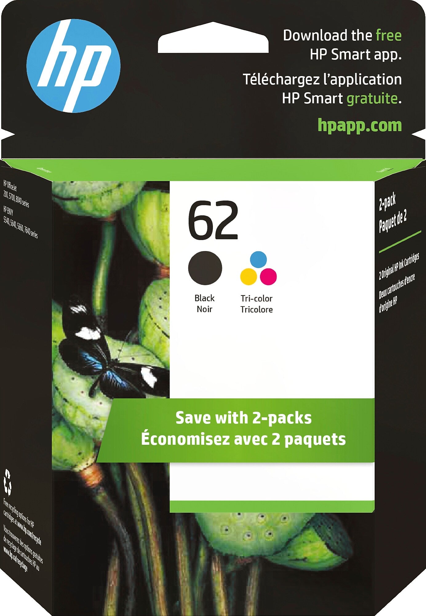 HP 62 Black/Tri-Color Standard Yield Ink Cartridge, 2/Pack (N9H64FN#140)