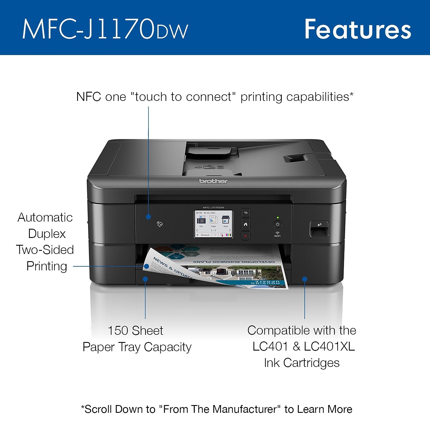 Brother MFC-J1170DW Wireless Color Inkjet Printer, All-In-One, Print, Scan, Copy, Fax