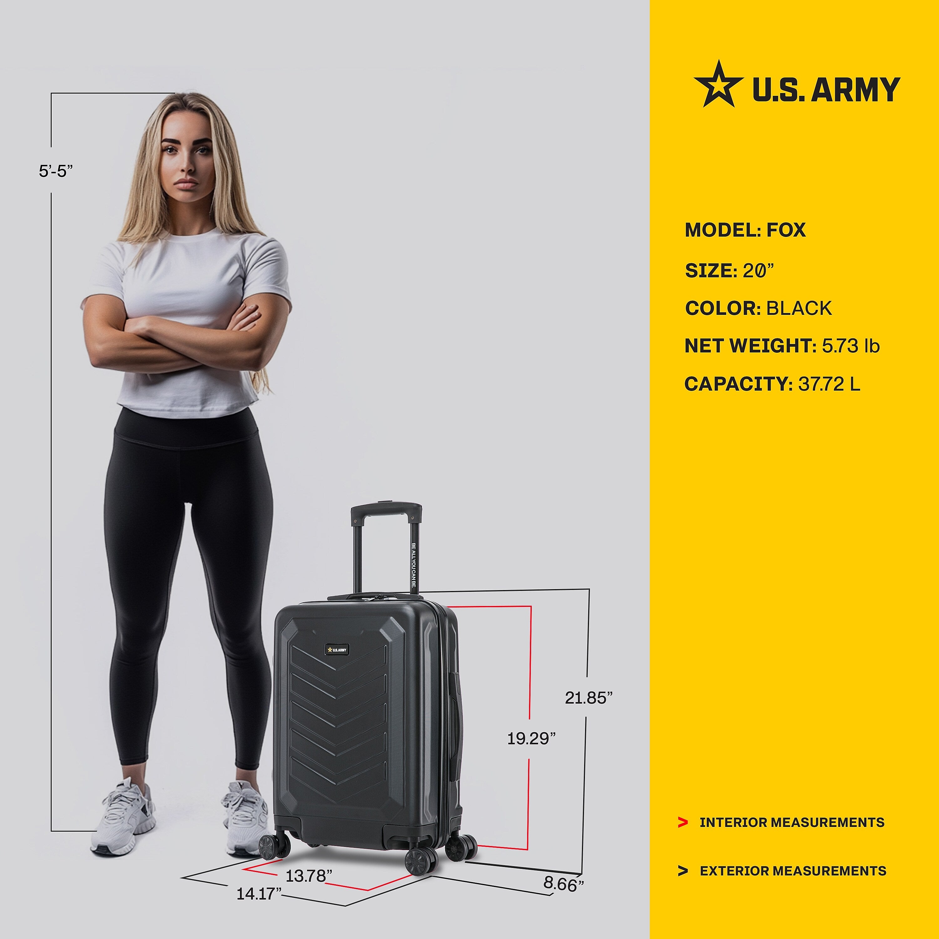 US Army FOX 20" Hardside Carry-On Suitcase, 4-Wheeled Spinner, TSA Checkpoint Friendly, Black (USLFOX00S-BLK)