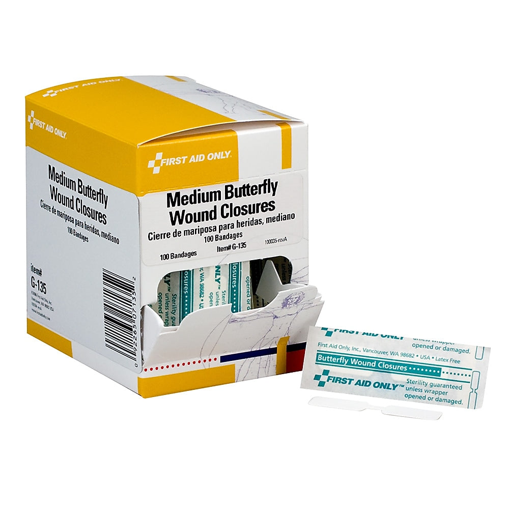 First Aid Only .38" x 1.75" Medium Butterfly Wound Closures Bandages, 100/Box (G135)