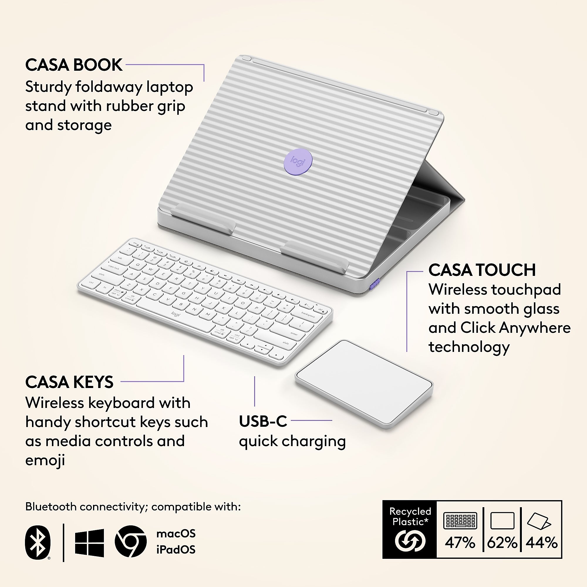 Logitech 4.41" x 11.02" Plastic Adjustable Casa Pop-Up Desk Work From Home Kit with Laptop Stand, Nordic Calm (920-011238)