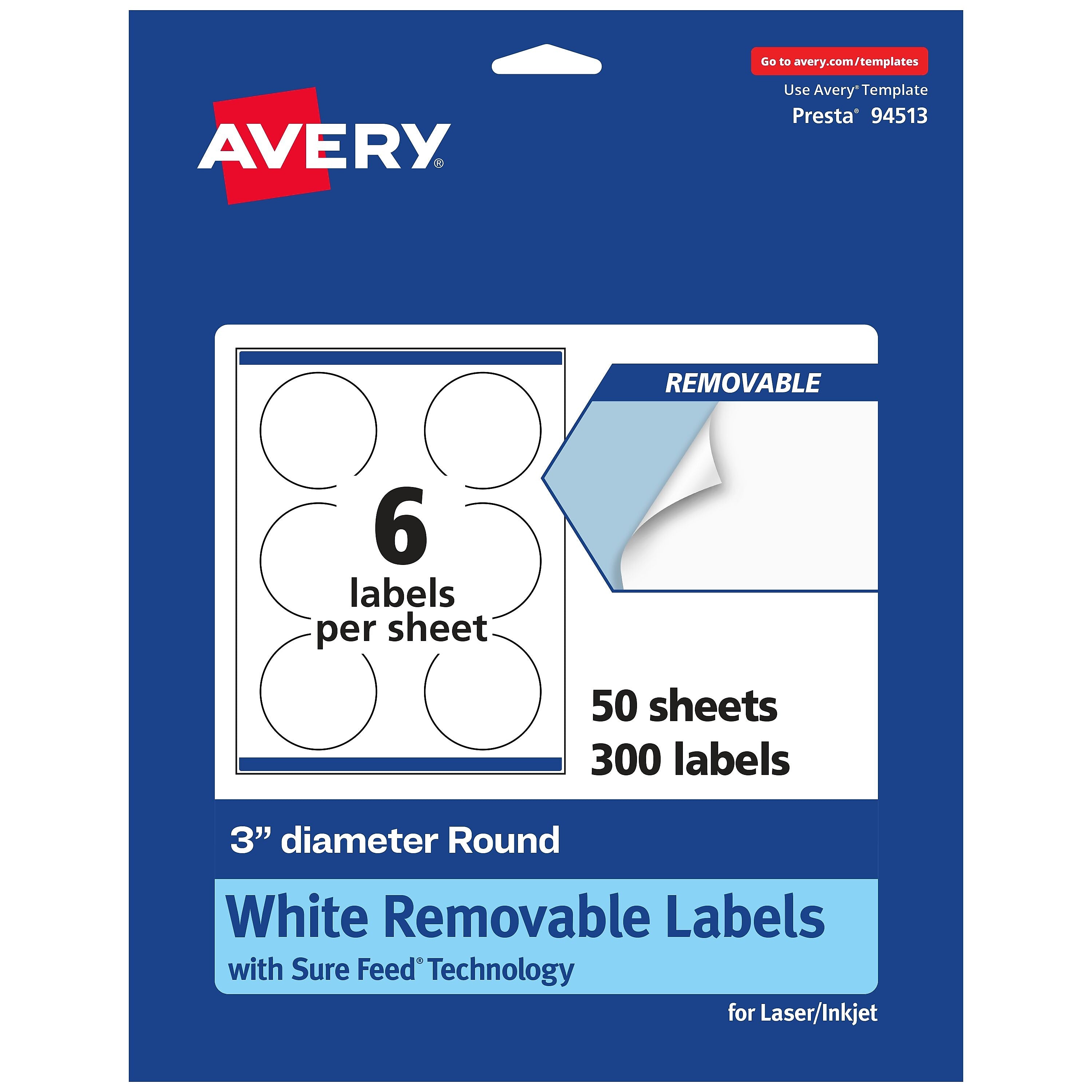 Avery Laser/Inkjet Round Multipurpose Labels, 3" Dia., 300 Labels/Box (94513-RMP50)