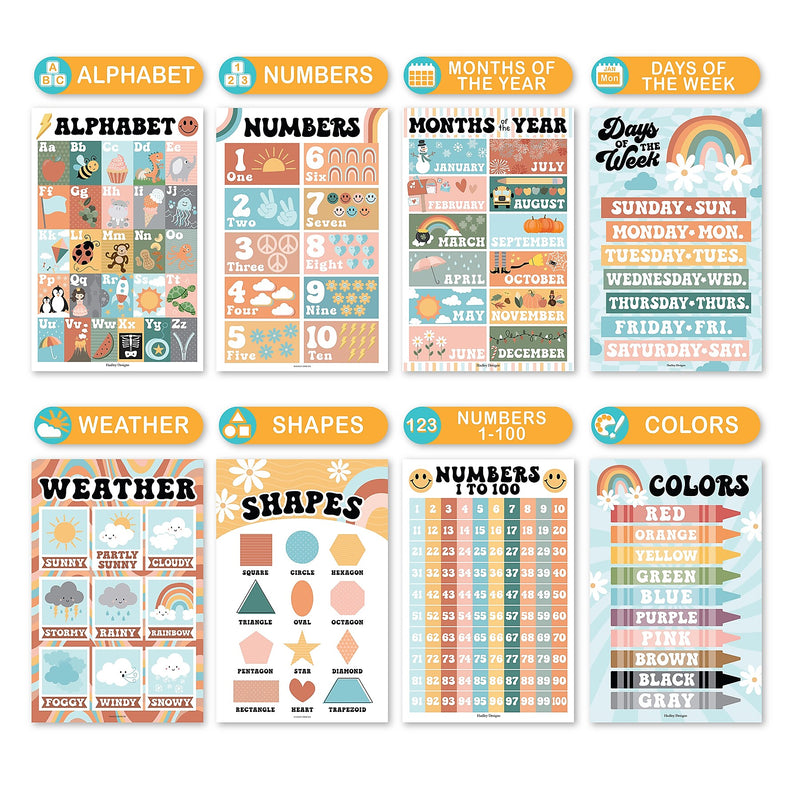 Hadley Designs 17" x 11" Retro Boho Preschool Educational Posters For Toddlers, Laminated, 16/Set (HDDX004ACFGE5)