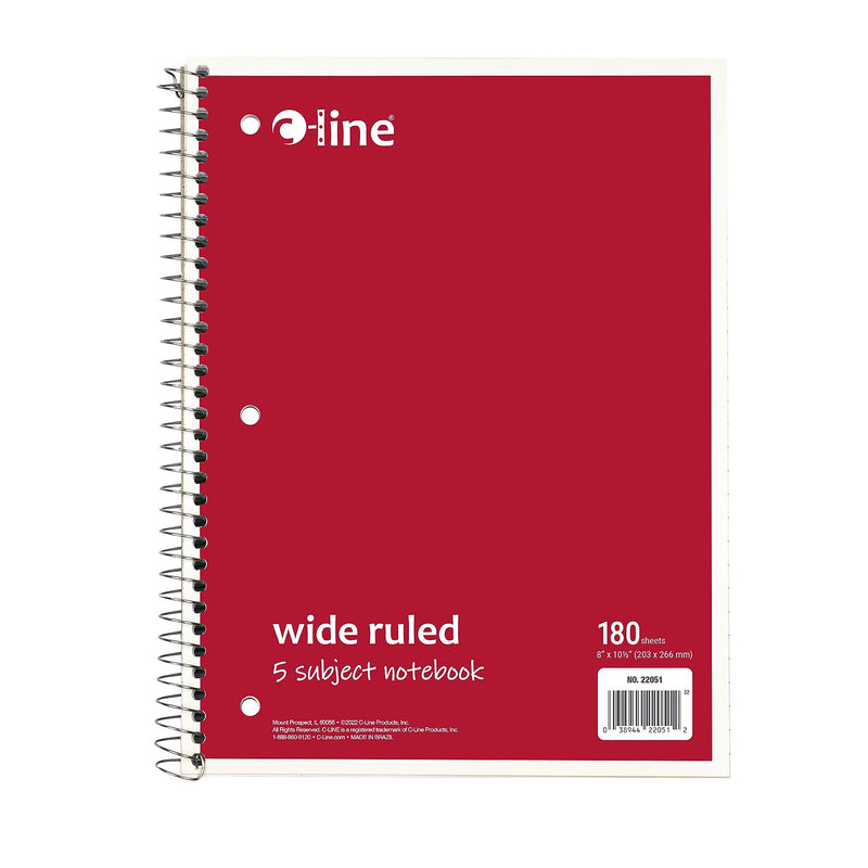 C-Line 5-Subject Subject Notebooks, Wide Ruled, 180 Sheets, Assorted Colors, 3/Bundle (CLI22051-3)