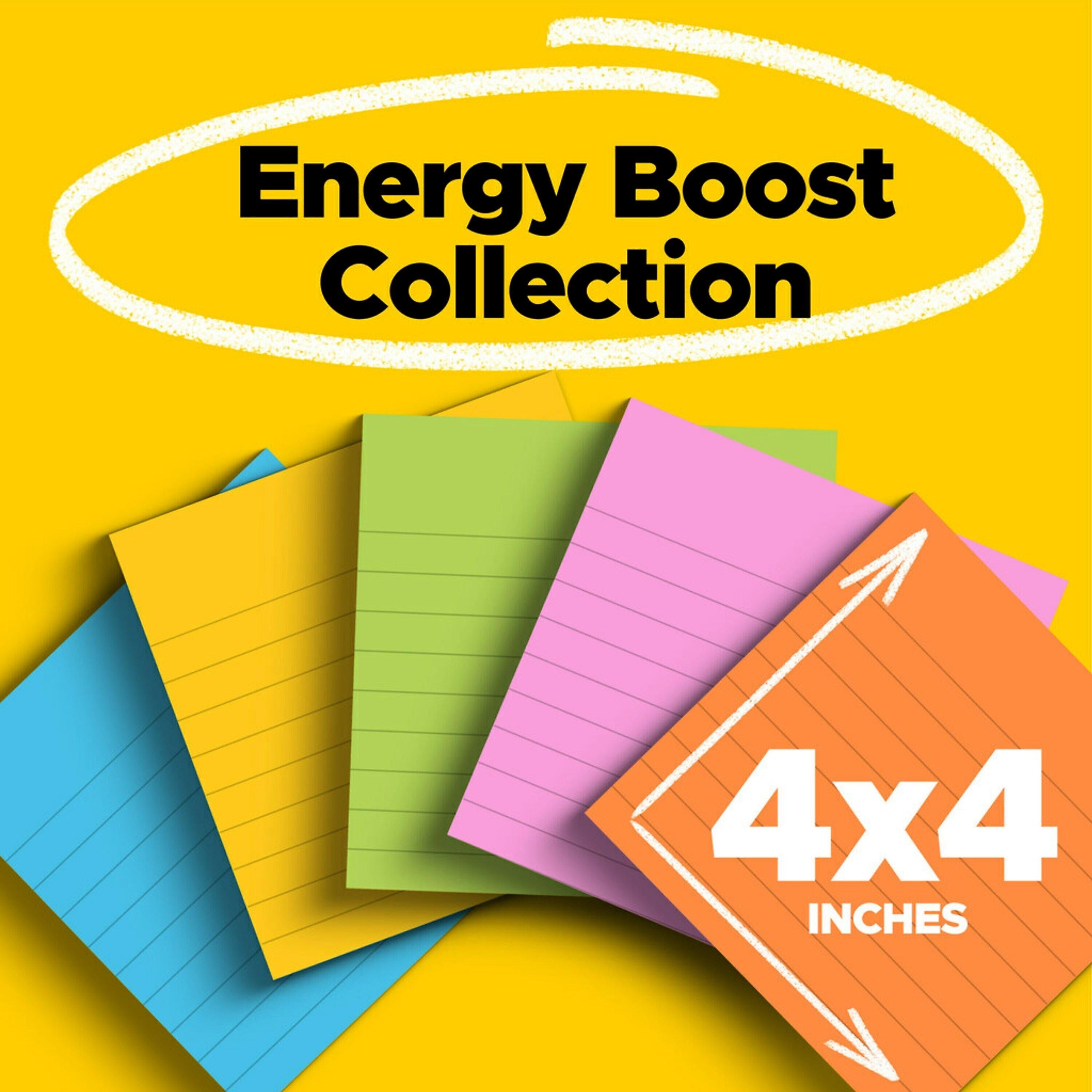 Post-it Super Sticky Notes, 4" x 4", Energy Boost Collection, Lined, 90 Sheet/Pad, 6 Pads/Pack (6756SSUC)