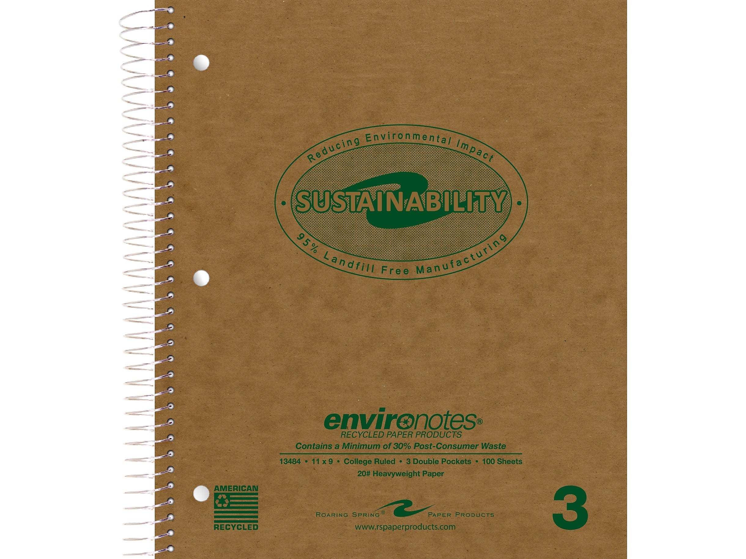 Roaring Spring Paper Products Environotes 3-Subject Notebooks, 9" x 11", College Ruled, 100 Sheets, Brown, 24/Pack (13484CS)