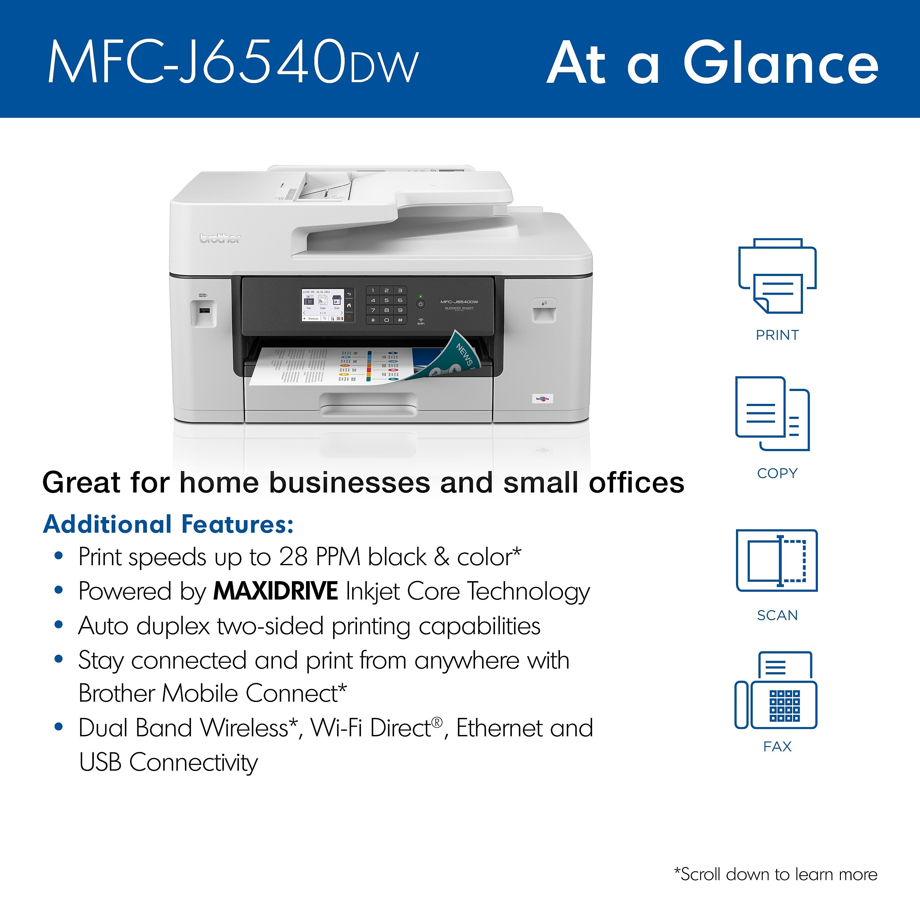Brother MFC-J6540DW Color Inkjet All-in-One Print, Copy, Scan, Fax up to 11”x17” (Ledger) Size Paper