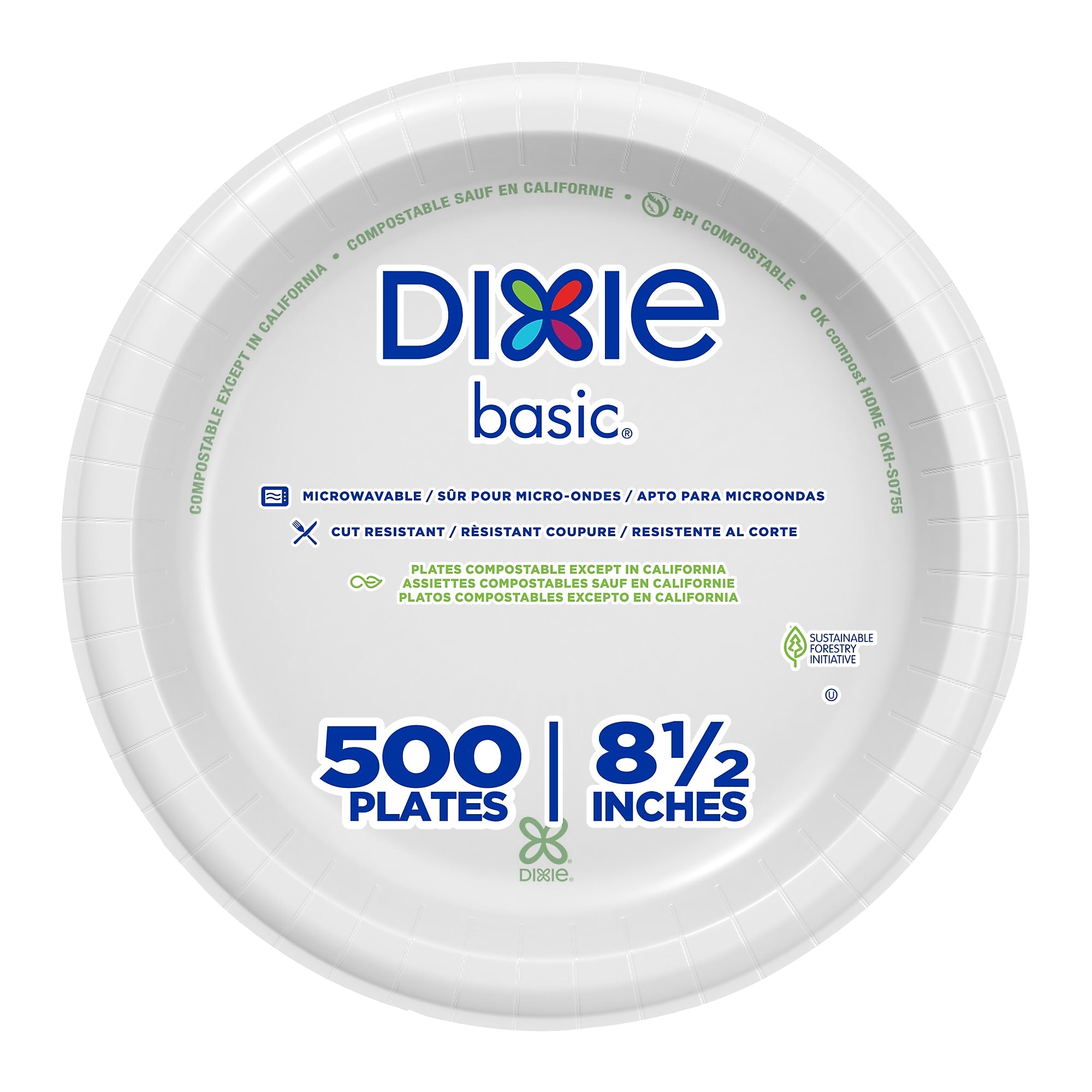 Dixie Basic 8.5" Paper Plates, White, 500/Carton (DBP09WCT)
