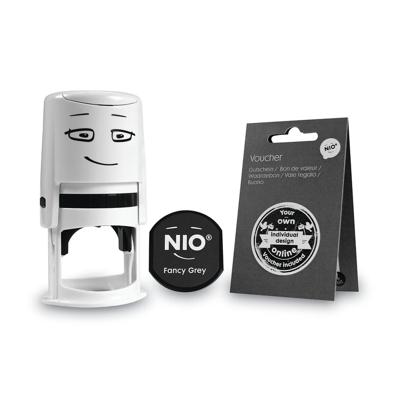 NIO® Stamp with Voucher and Fancy Gray Ink Pad, Self-Inking, 1.56" Diameter