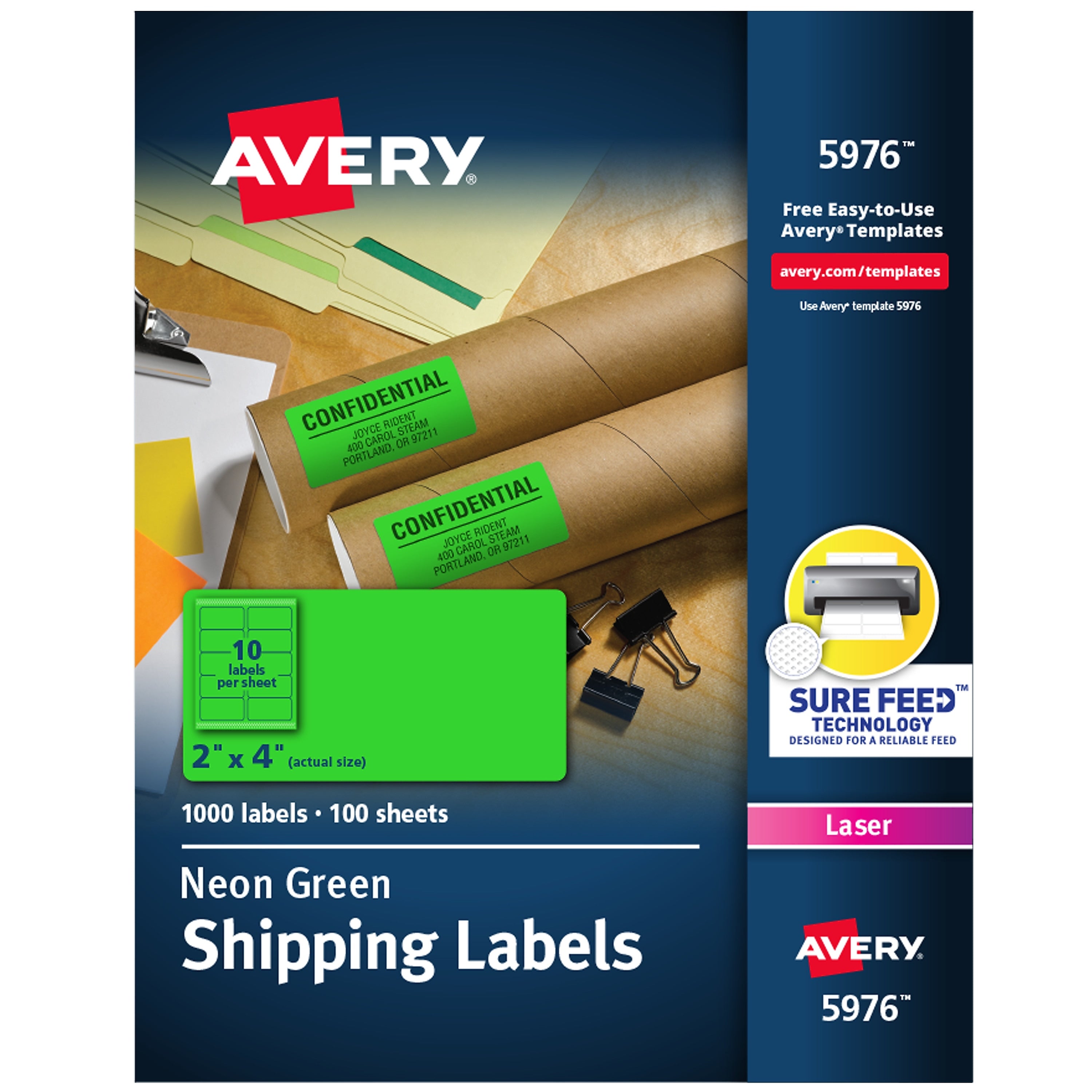 Avery Sure Feed Laser Shipping Labels, 2"x 4", Neon Green, 10 Labels/Sheet, 100 Sheets/Box (5976)