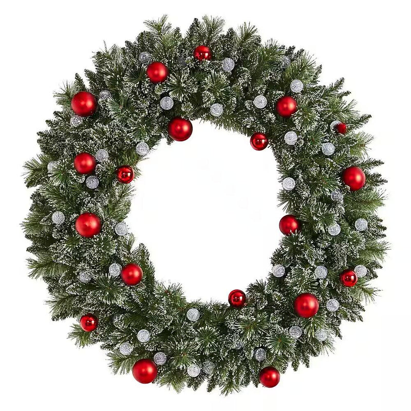 Nearly Natural 4-ft Oversized Pre-Lit Frosted Holiday Christmas Wreath with Ornaments and 40 LED Globe Lights (W1275)
