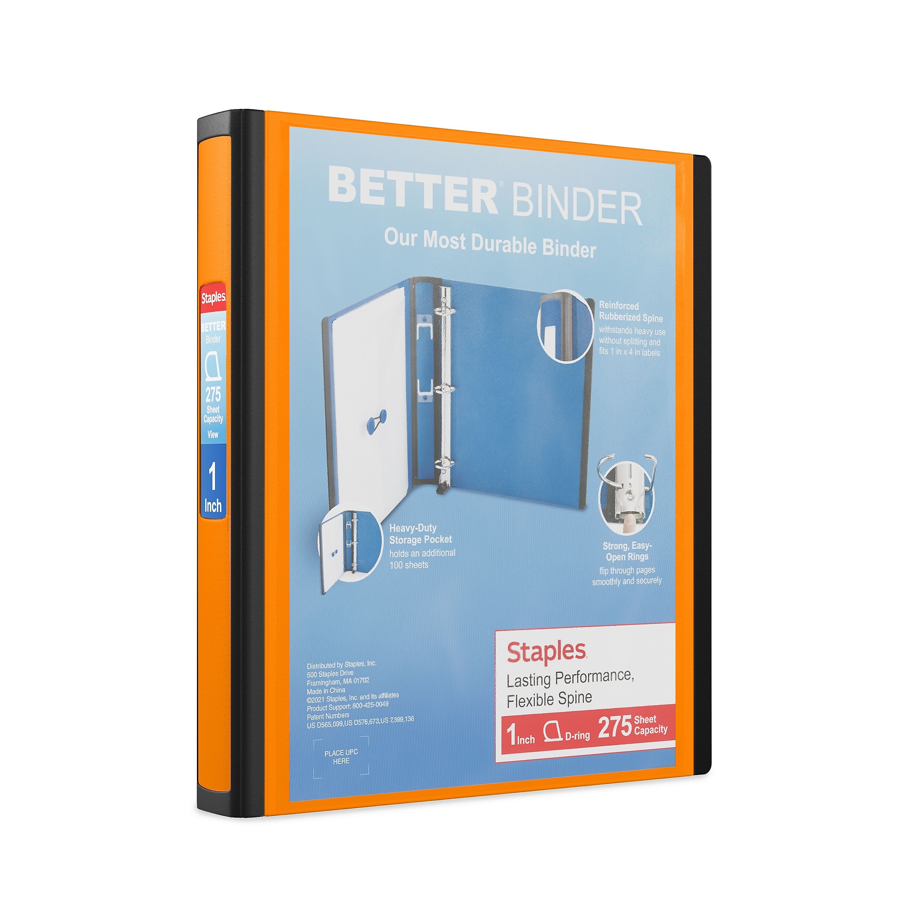 Staples 1" 3-Ring Better Binder, D-Ring, Orange (ST55841-CC)