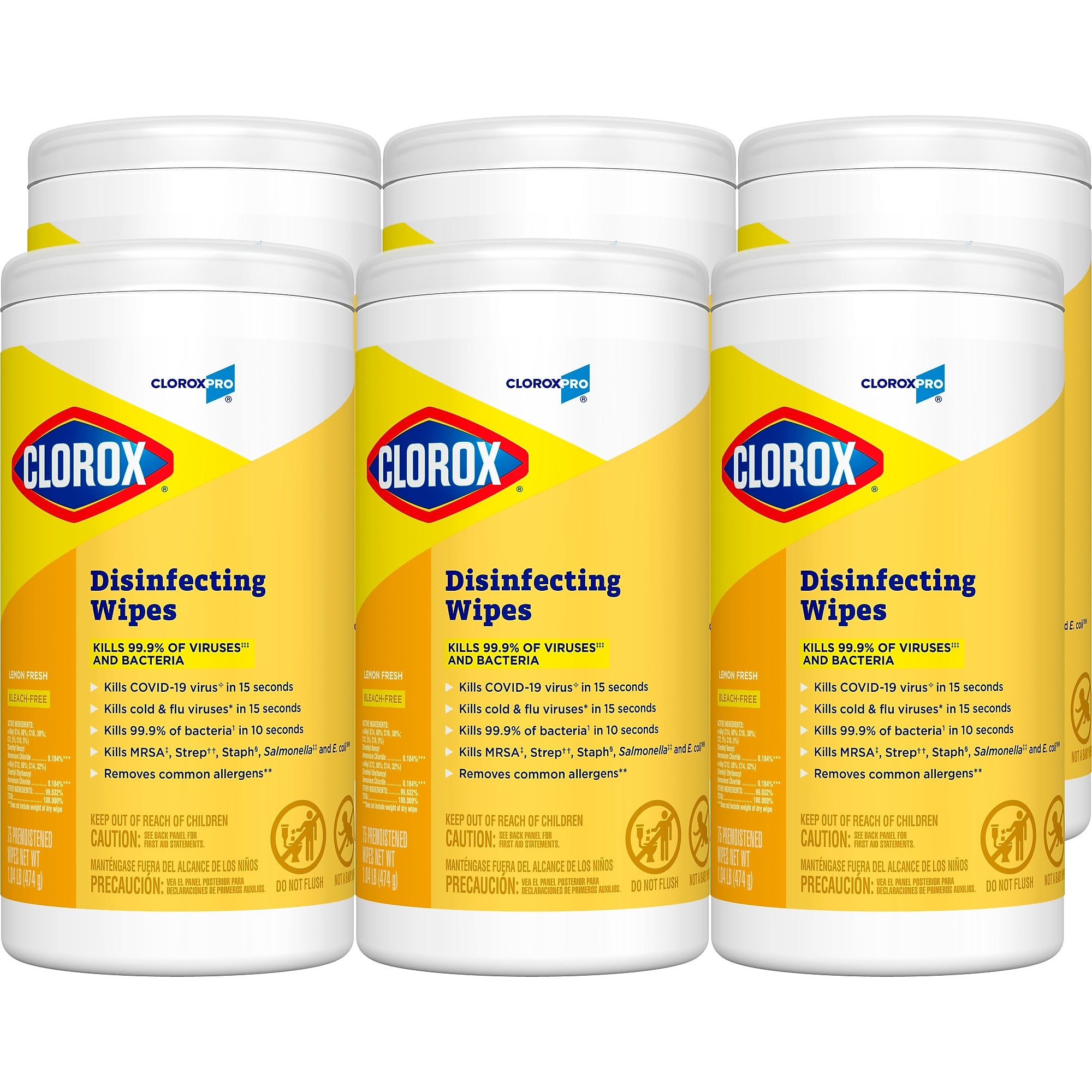 Clorox CloroxPro™ Disinfecting Wipes, Lemon Fresh, 75 Wipes/Container, 6/Carton (CLO15948)