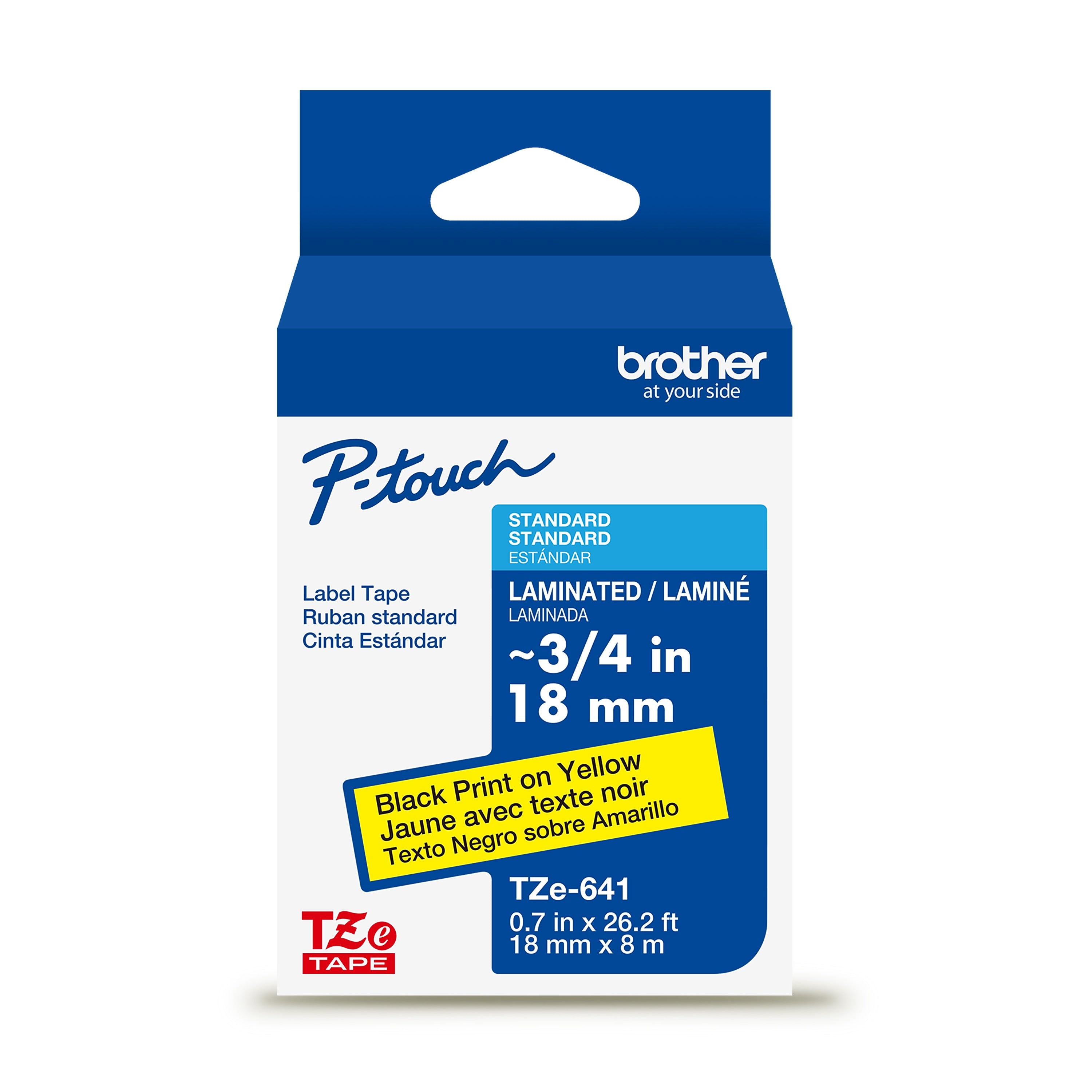 Brother P-touch Laminated Label Tape, 3/4" x 26.2', Black on Yellow (TZe641)