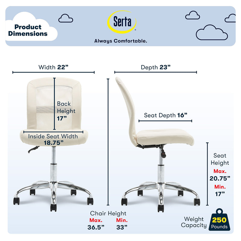 Serta Essentials Armless Ergonomic Bonded Leather/Mesh Swivel Task Chair, Cream (48740B)