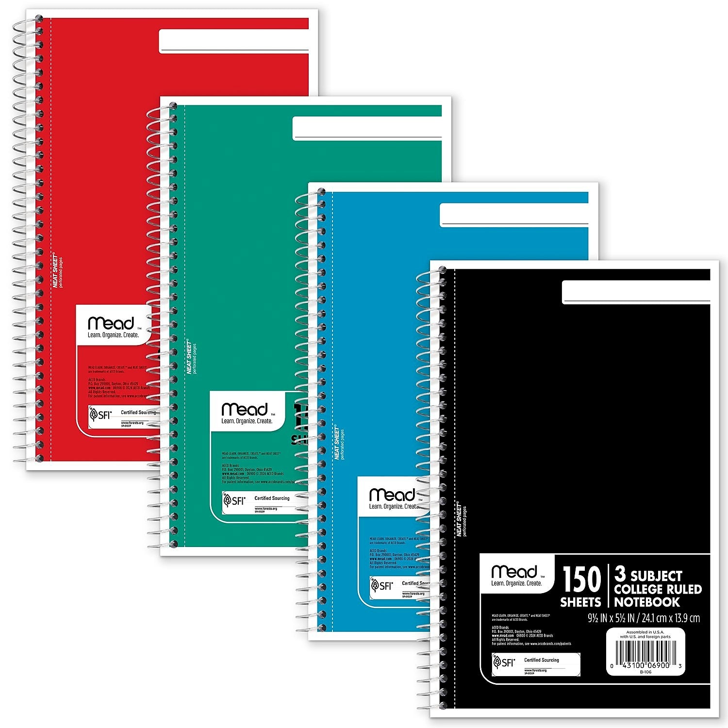 Mead Spiral 3-Subject Notebooks, 5.5" x 9.5", College Ruled, 150 Sheets, Assorted Colors (06900)