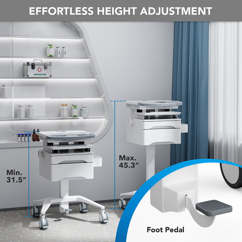 Mount-It! MedHub Mobile Medical Cart Workstation with Drawers, Laptop Arm, and Locking Caster Wheels, White/Grey (MI-16027)