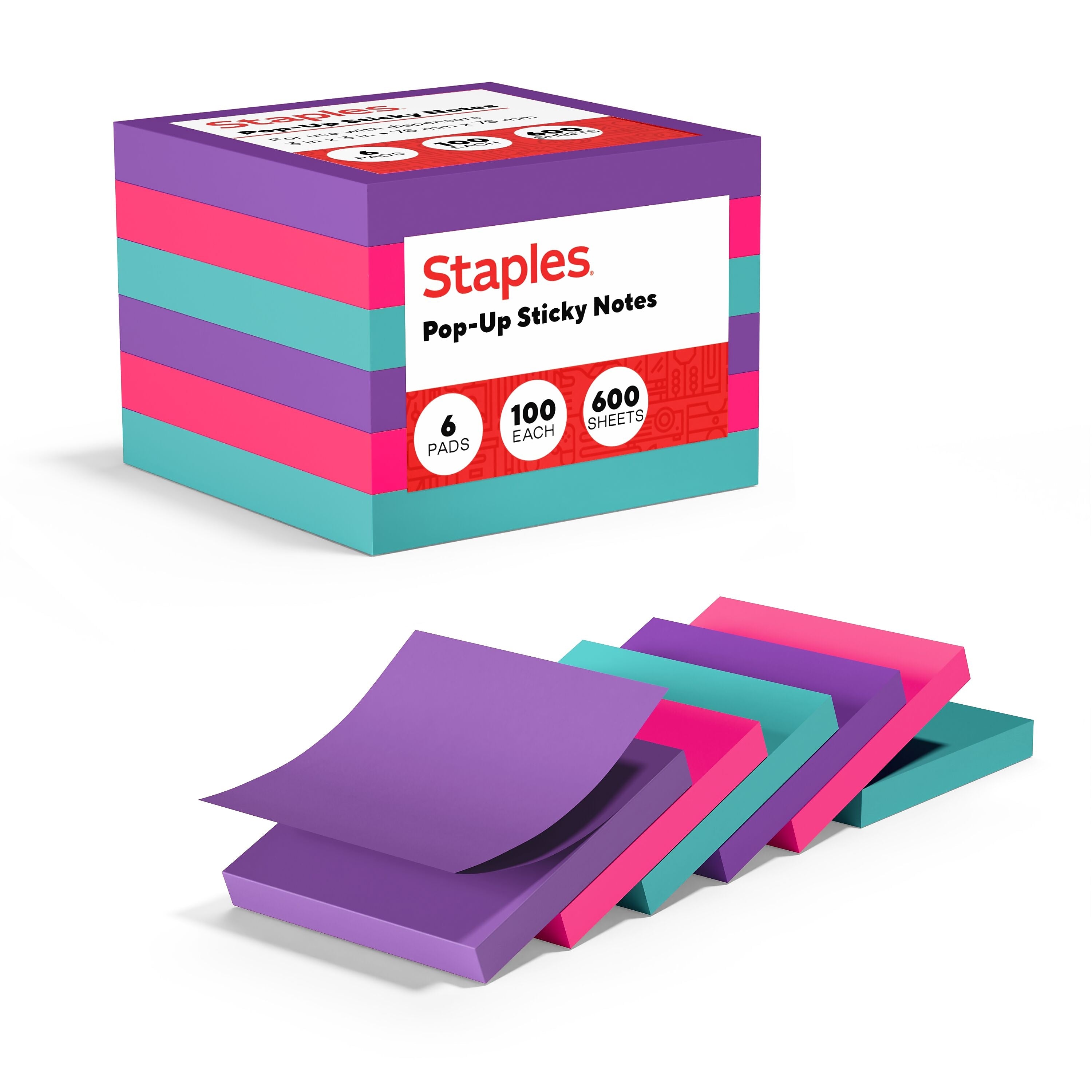 Staples® Pop-up Sticky Notes, 3" x 3", Berry Blast Collection, 100 Sheets/Pad, 6 Pads/Pack (S33BOP6/52558)