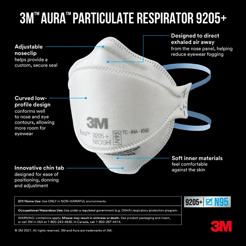 3M Aura N95 Particulate Respirator, White, 20/Pack (9205P-20-DC)