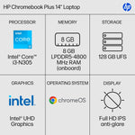 HP Chromebook Plus 14" FHD, Intel Core i3-N305, 8GB RAM, 128GB UFS, +11 Hour Battery, Chrome OS
