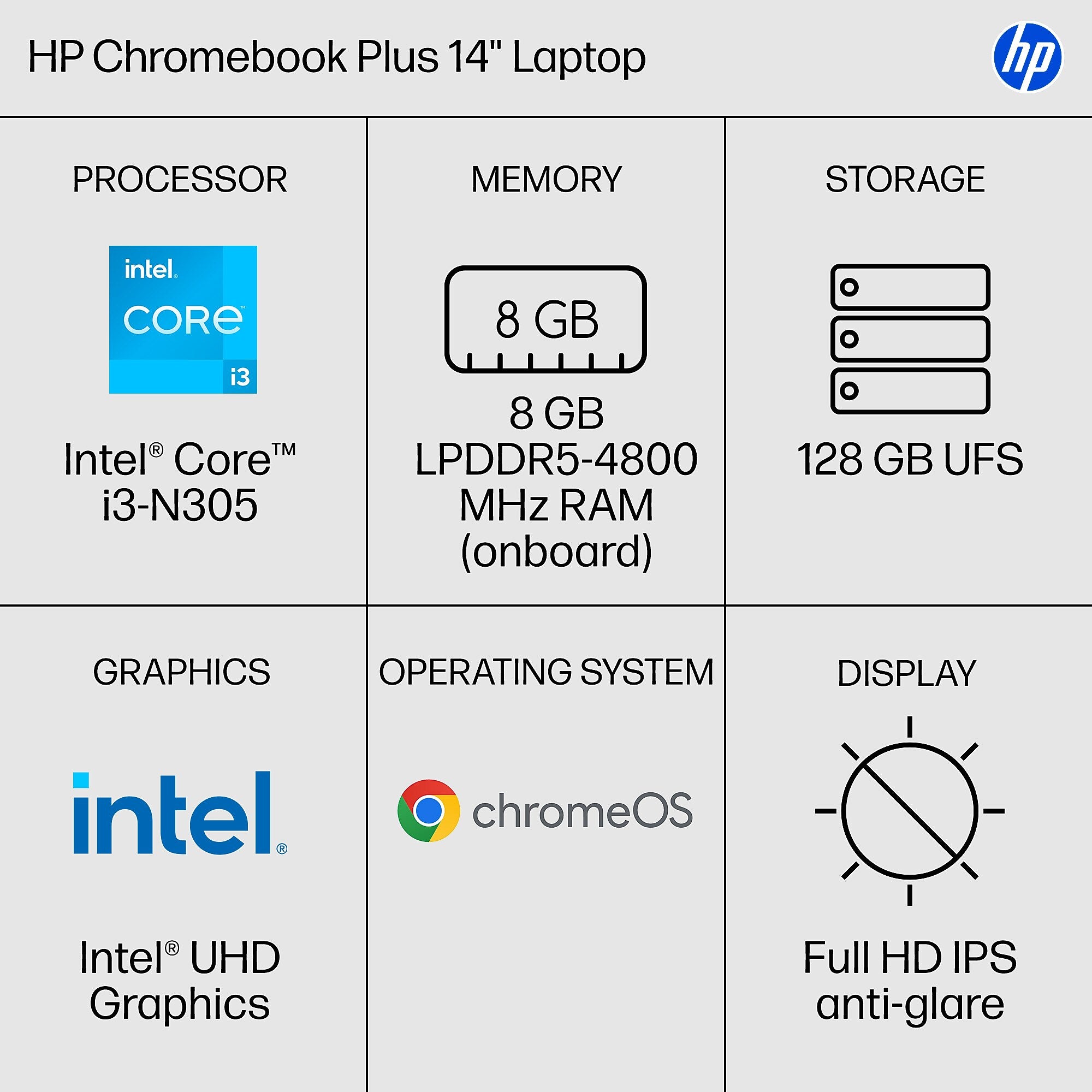 HP Chromebook Plus 14" FHD, Intel Core i3-N305, 8GB RAM, 128GB UFS, +11 Hour Battery, Chrome OS
