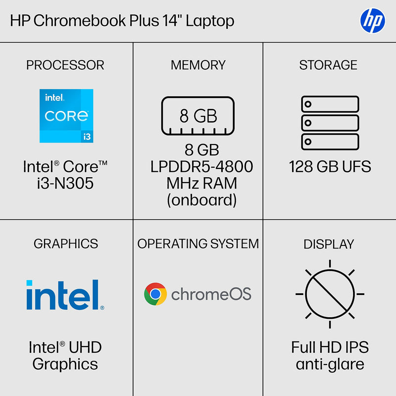 HP Chromebook Plus 14" FHD, Intel Core i3-N305, 8GB RAM, 128GB UFS, +11 Hour Battery, Chrome OS