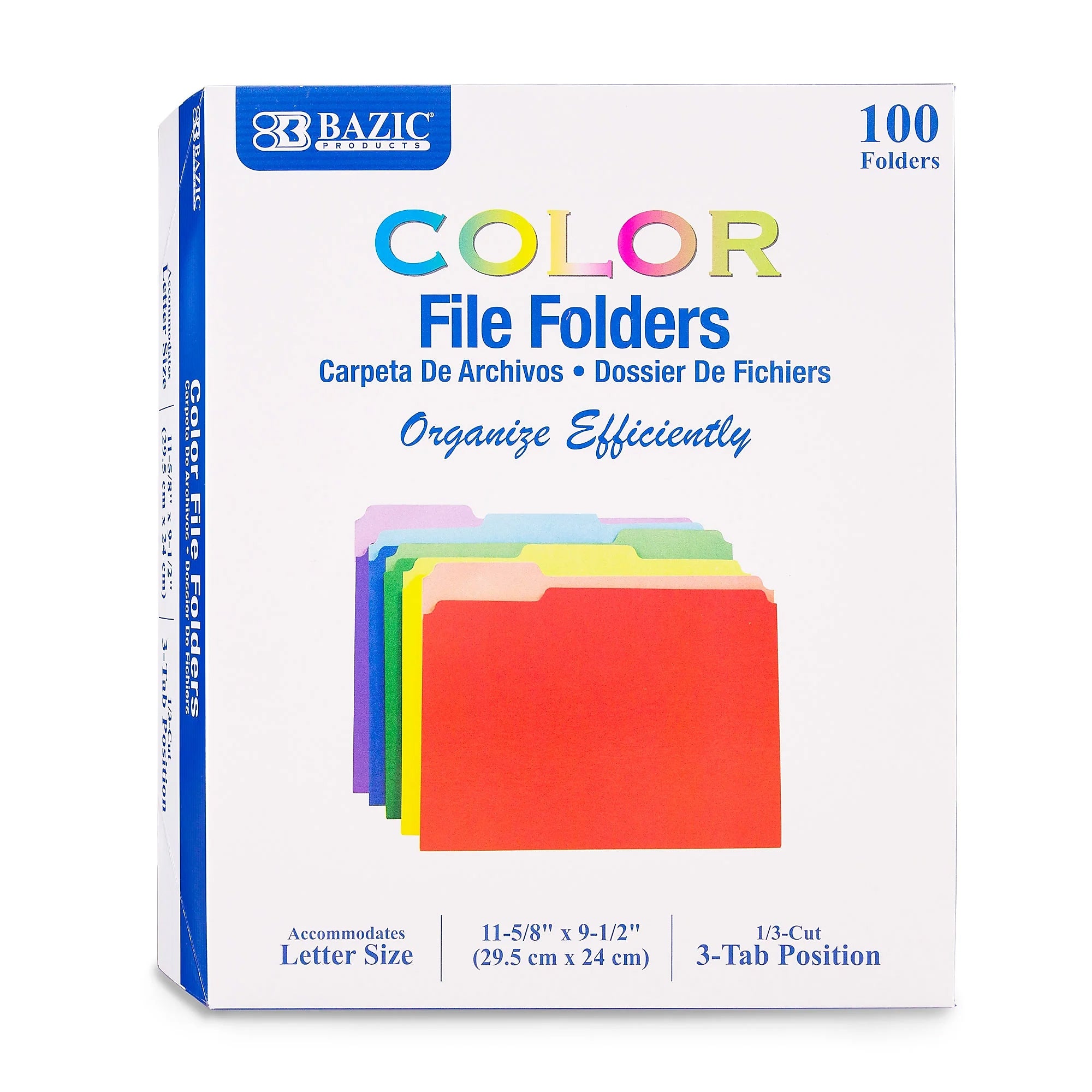 Bazic COLOR File Folders, 1-Tab, Letter/Legal Size, Assorted Colors, 100/Box (BAZ3149)
