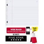 Five Star Reinforced Wide Ruled Filler Paper, 8" x 10.5", 3-Hole Punched, 80 Sheets/Pack (150002/150034)