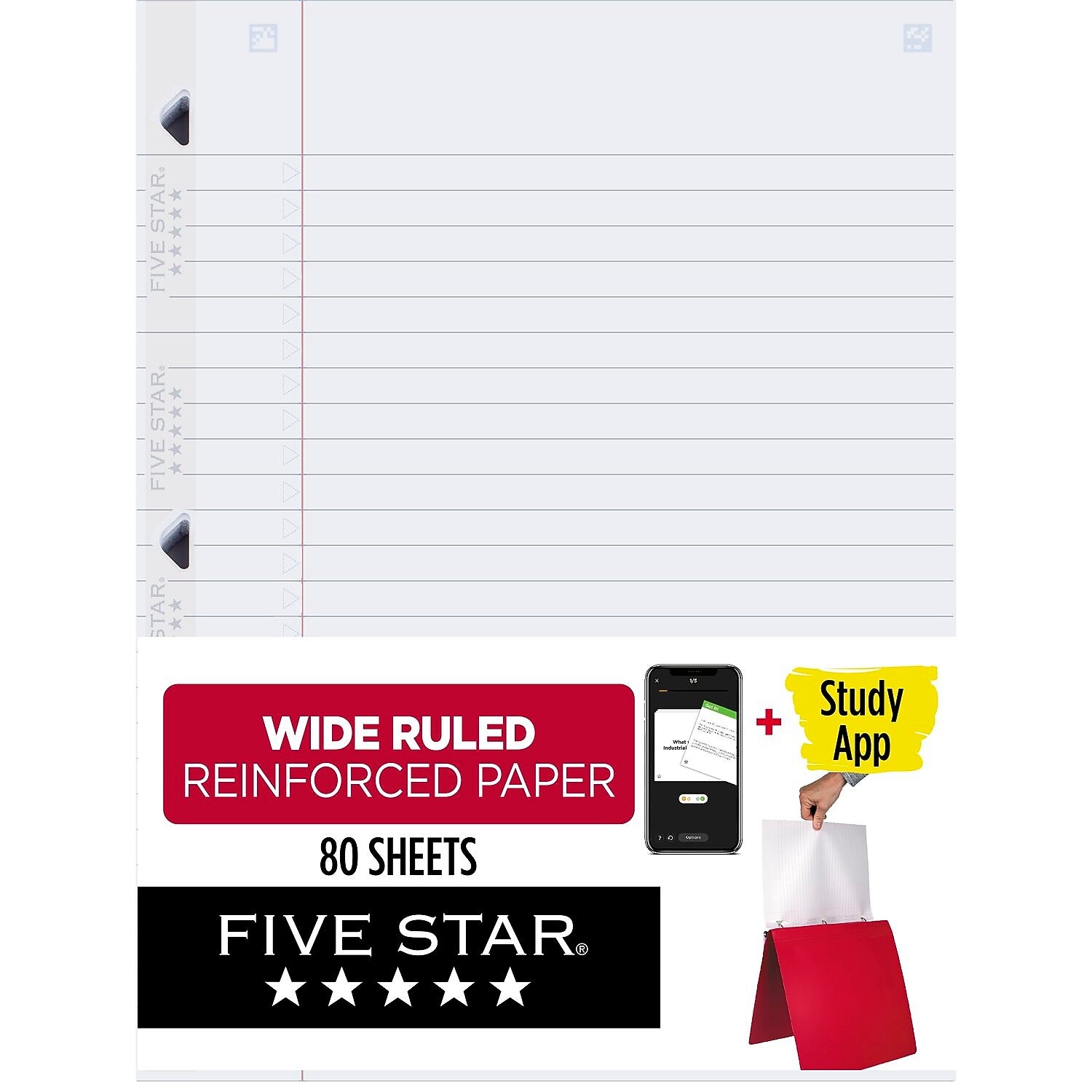Five Star Reinforced Wide Ruled Filler Paper, 8" x 10.5", 3-Hole Punched, 80 Sheets/Pack (150002/150034)