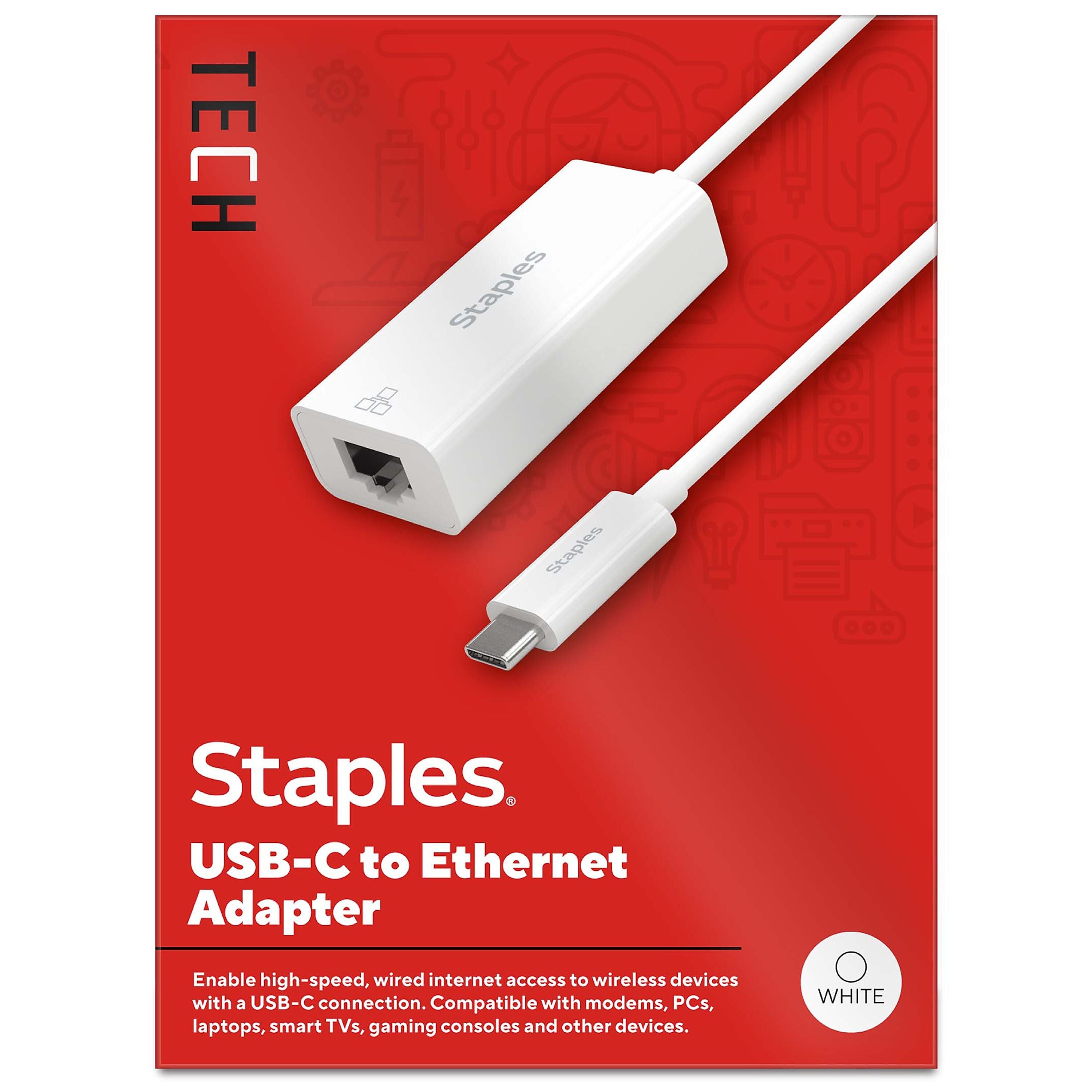 Staples TECH USB-C to Ethernet Adapter, Female to Male, White (ST62369)