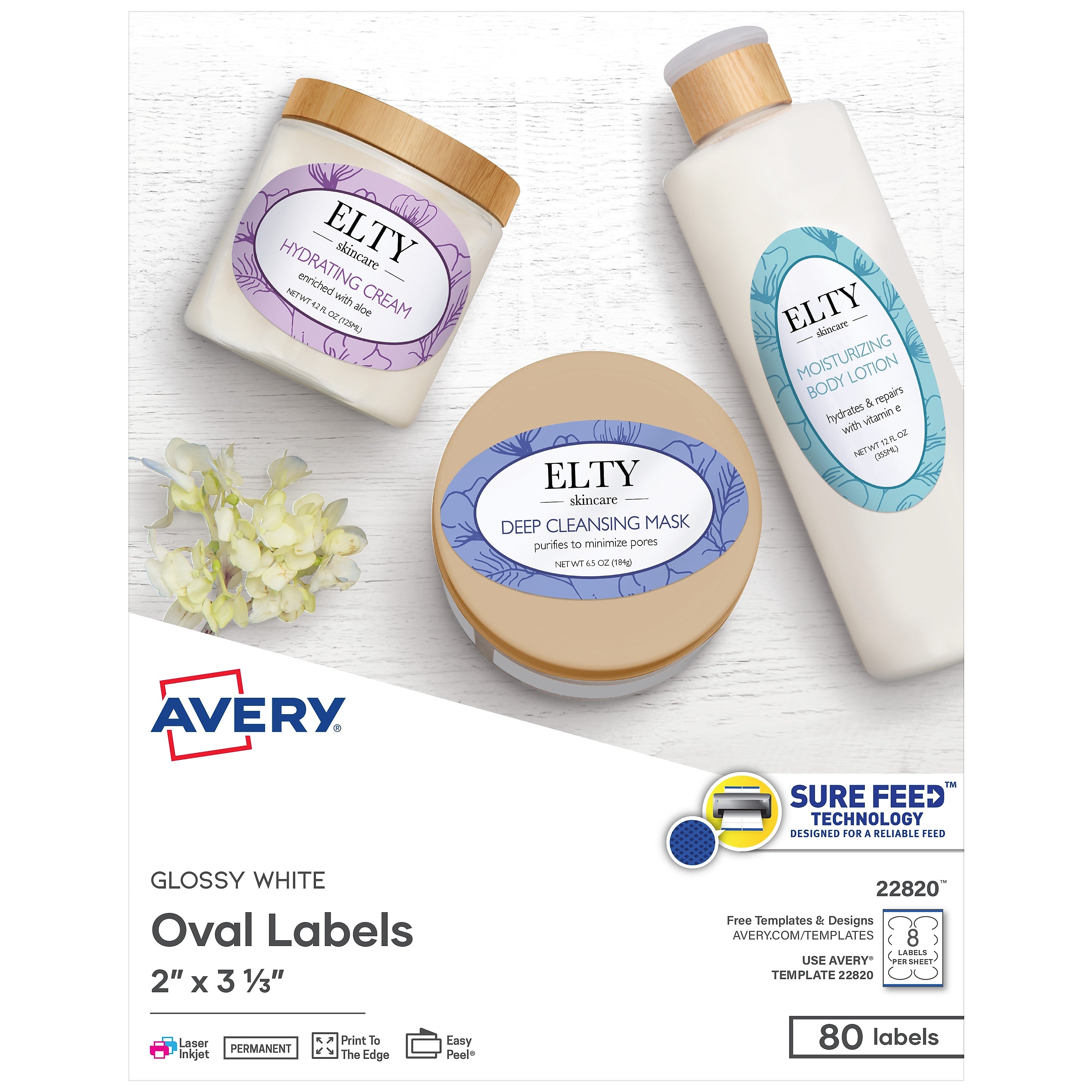 Avery Print-to-the-Edge Laser/Inkjet Oval Labels, 2" x 3 1/3", Glossy White, 80 Labels/Pack (22820)
