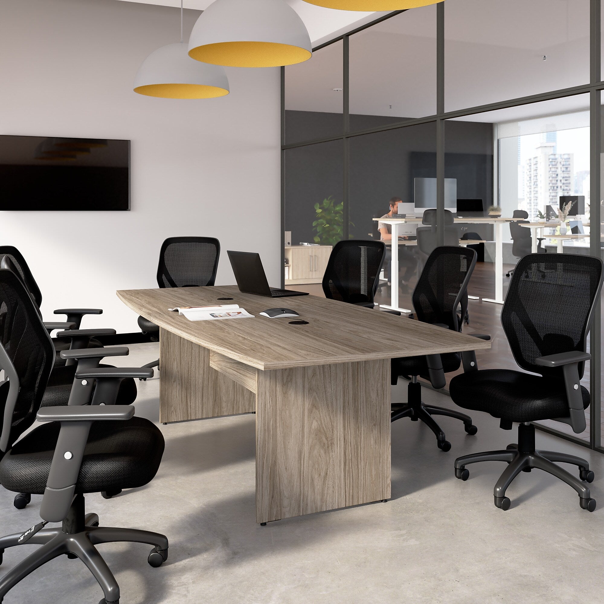 Bush Business Furniture 96W x 42D Boat Shaped Conference Table with Wood Base, Modern Hickory (99TB9642MHK)