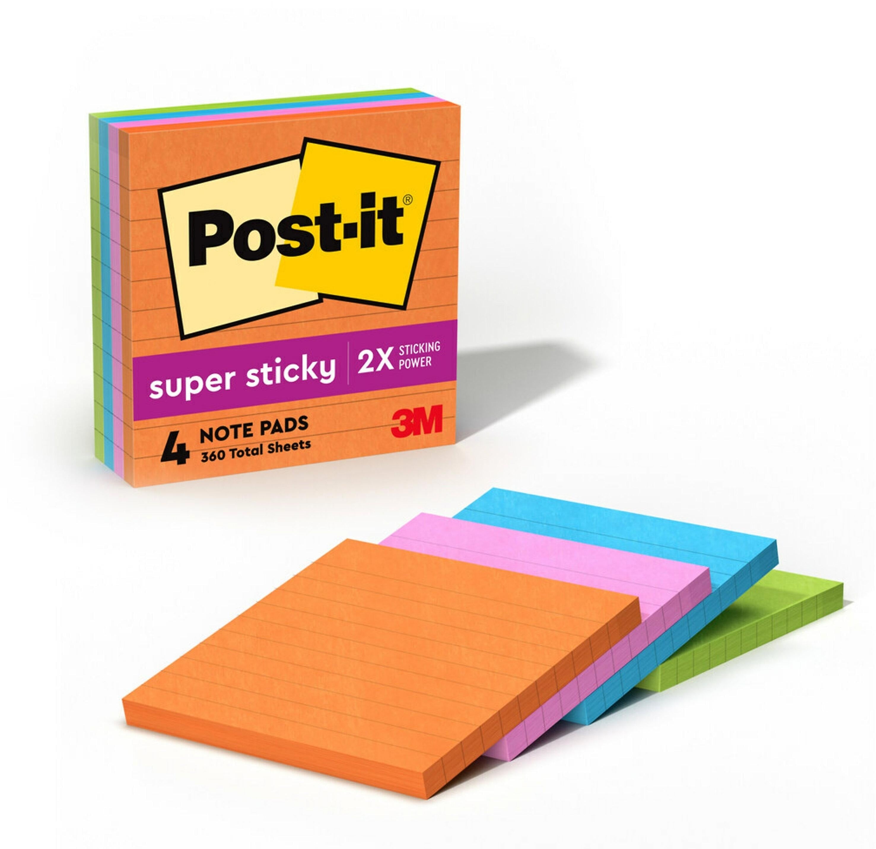 Post-it Super Sticky Notes, 4" x 4", Energy Boost Collection, Lined, 90 Sheet/Pad, 4 Pads/Pack (675-4SSUC)