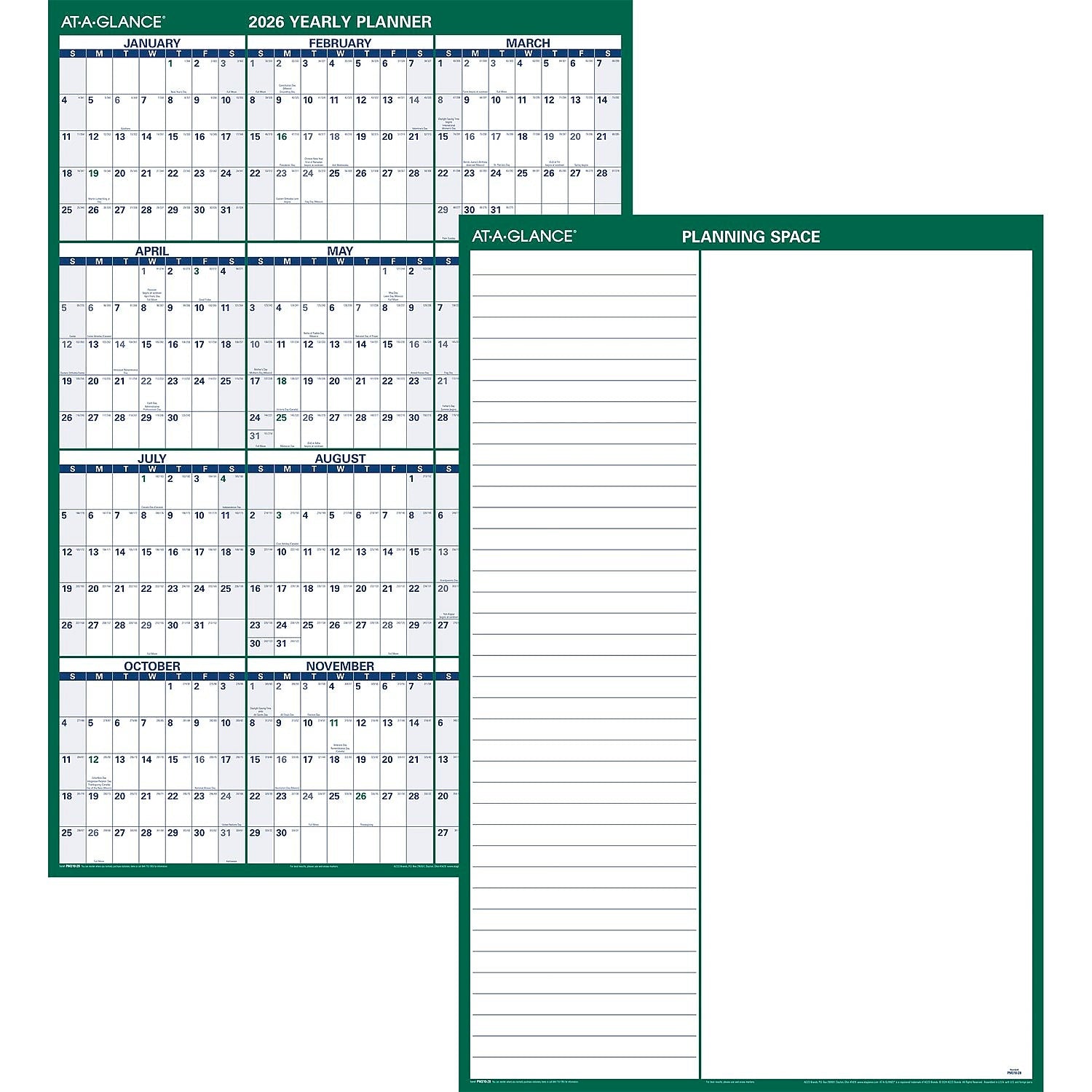 2026 AT-A-GLANCE 32" x 48" Yearly Dry Erase Wall Calendar, Reversible, White/Green (PM310-28-26)