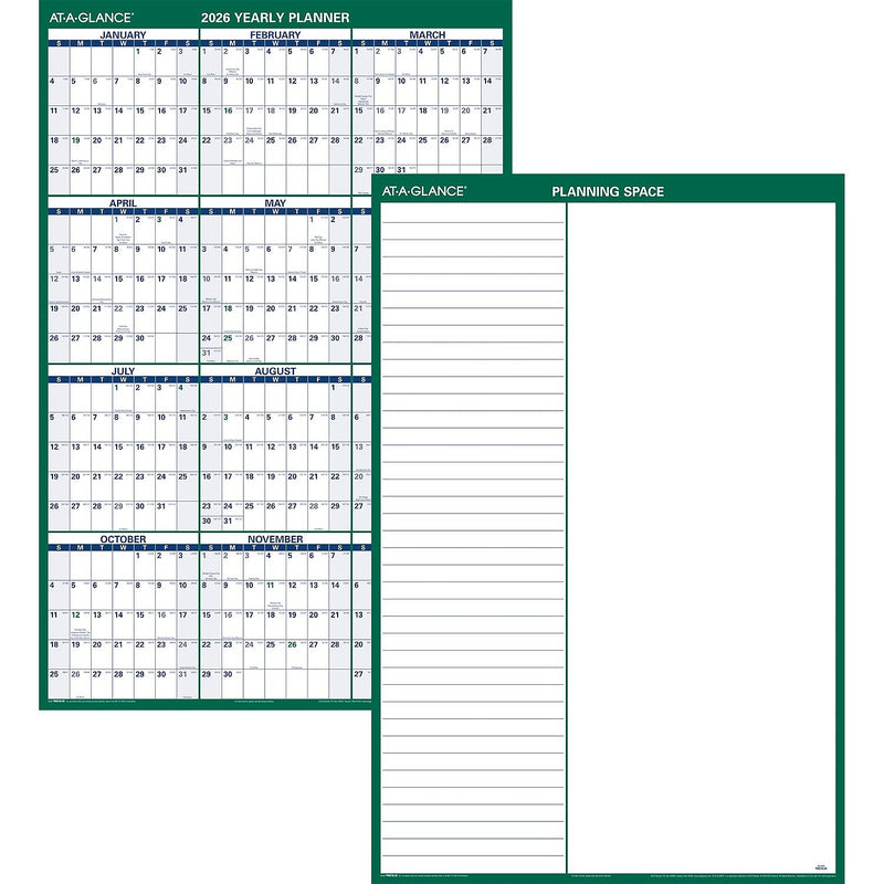 2026 AT-A-GLANCE 32" x 48" Yearly Dry Erase Wall Calendar, Reversible, White/Green (PM310-28-26)