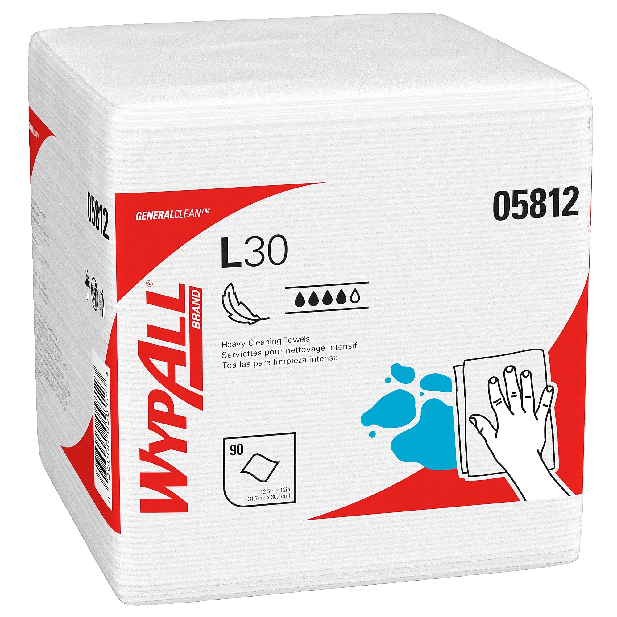 WypAll GeneralClean L30 Durable Fibers Cleaning Wipers, 12" x 12.5", White, 90 Wipers/Box, 12/Carton (05812)