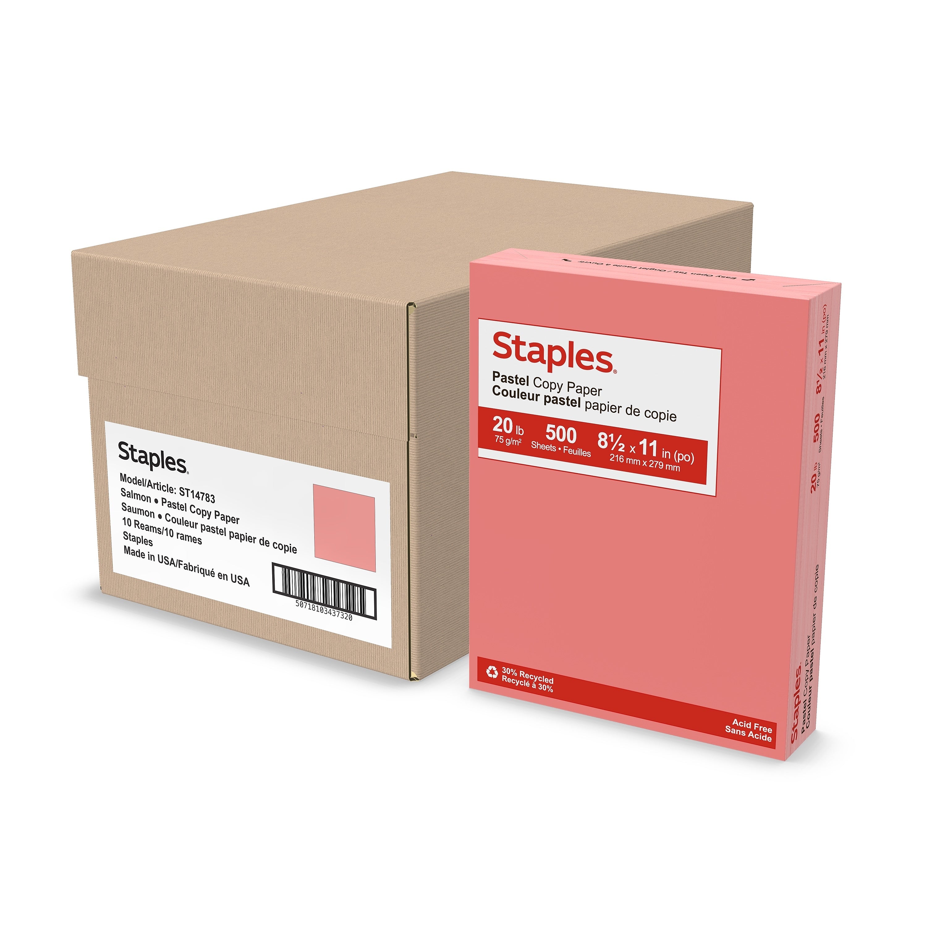 Staples Pastel 30% Recycled Color Copy Paper, 20 lbs., 8.5" x 11", Salmon, 500 Sheets/Ream, 10 Reams/Carton (073030CT)