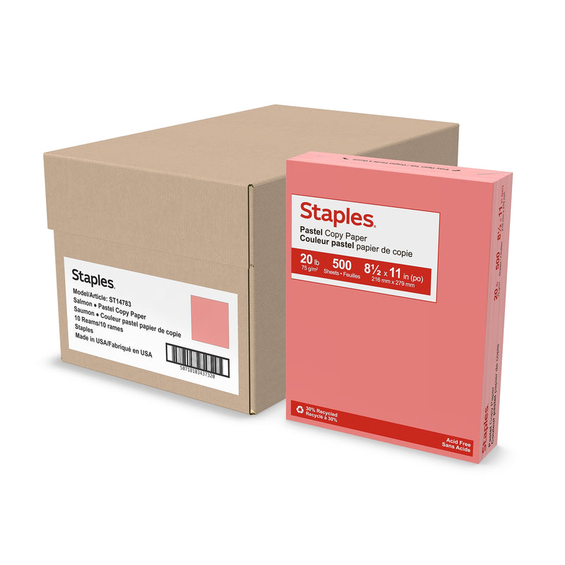 Staples Pastel 30% Recycled Color Copy Paper, 20 lbs., 8.5" x 11", Salmon, 500 Sheets/Ream, 10 Reams/Carton (073030CT)