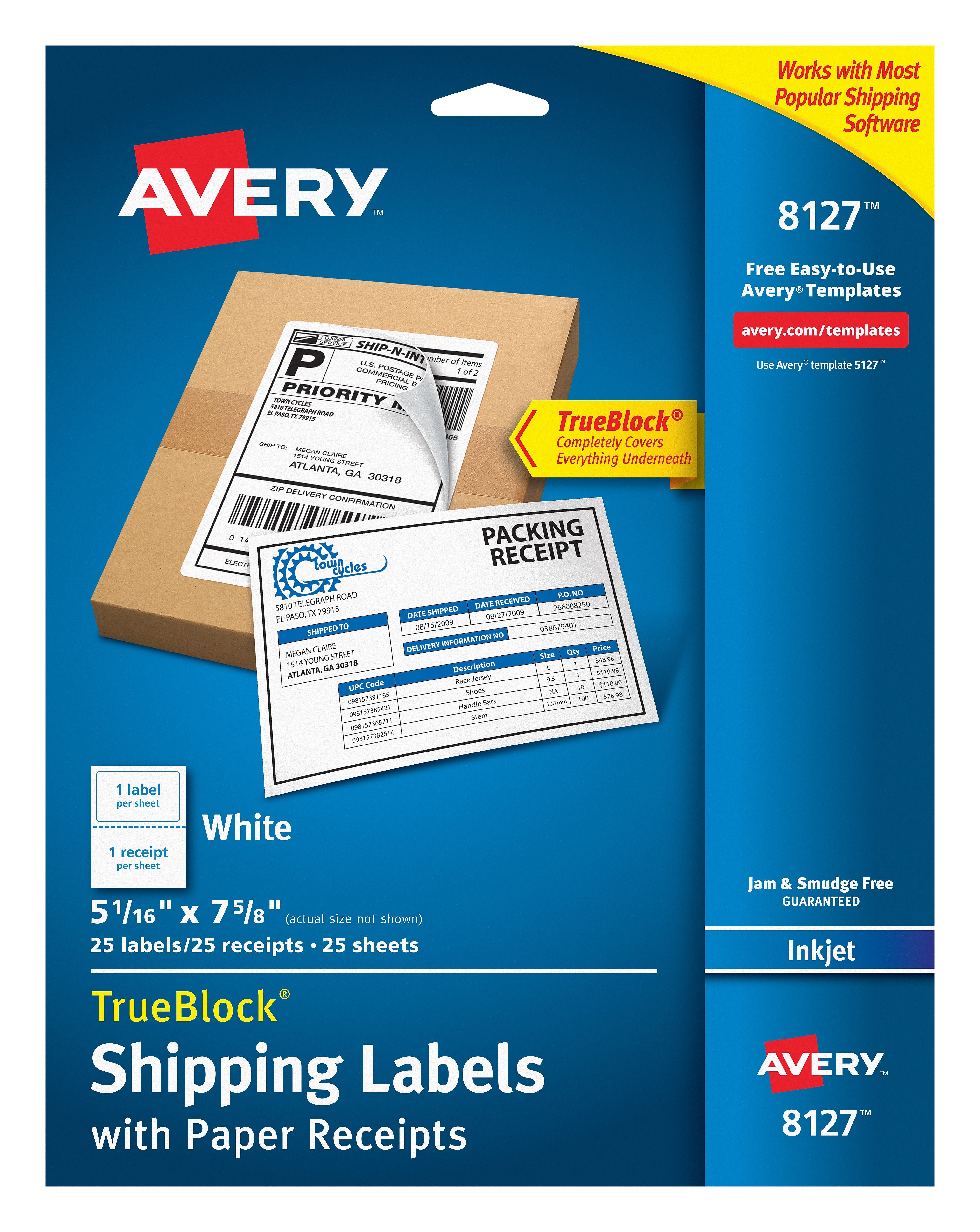 Avery TrueBlock Inkjet Shipping Labels with Paper Receipts, 5-1/16" x 7-5/8", White, 25 Labels/Pack (8127)