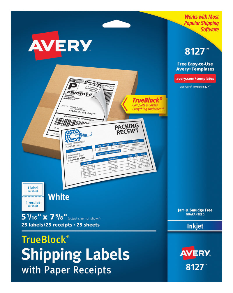 Avery TrueBlock Inkjet Shipping Labels with Paper Receipts, 5-1/16" x 7-5/8", White, 25 Labels/Pack (8127)